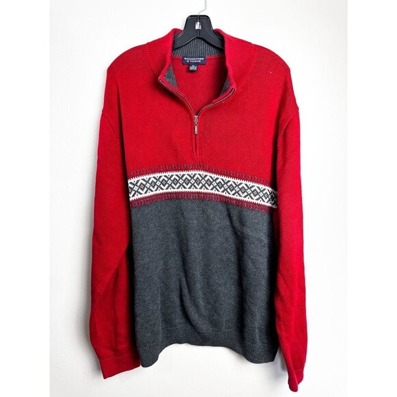 Roundtree & Yorke Fair Isle Chunky Quarter Zip Sweater XL Red Gray Mens - Picture 1 of 4